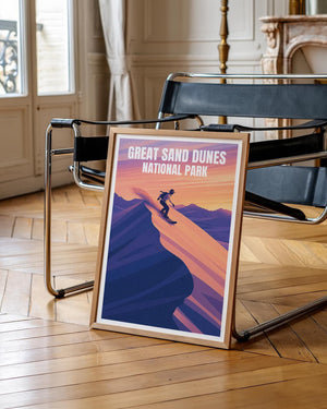 Great Sand Dunes Poster, Sandboarder at Sunset Print