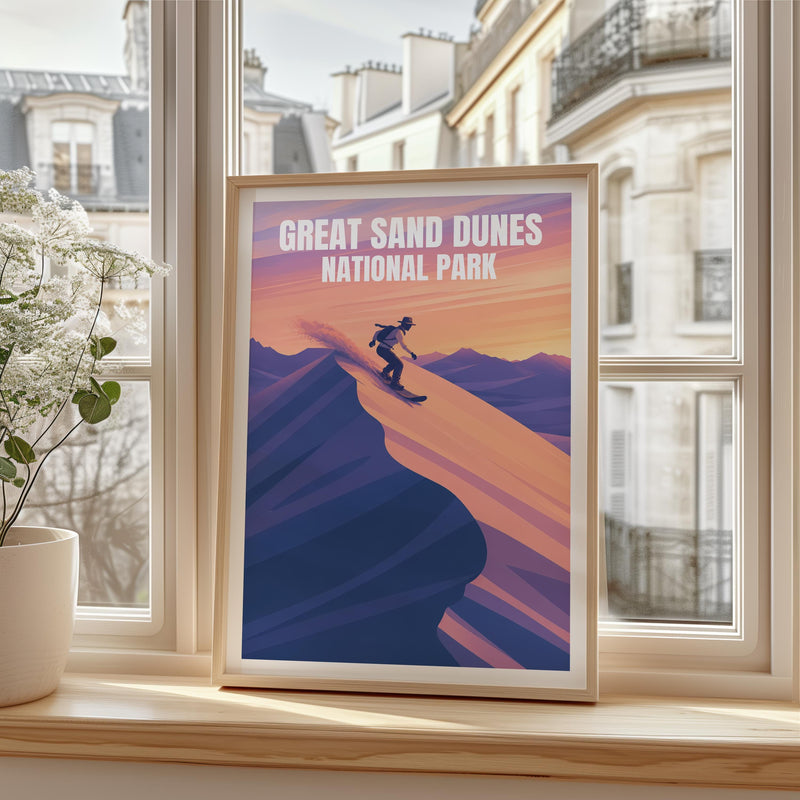 Great Sand Dunes Poster, Sandboarder at Sunset Print