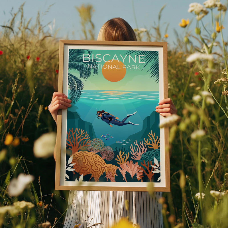 Biscayne National Park Print, Scuba Diver Reef Scene Art