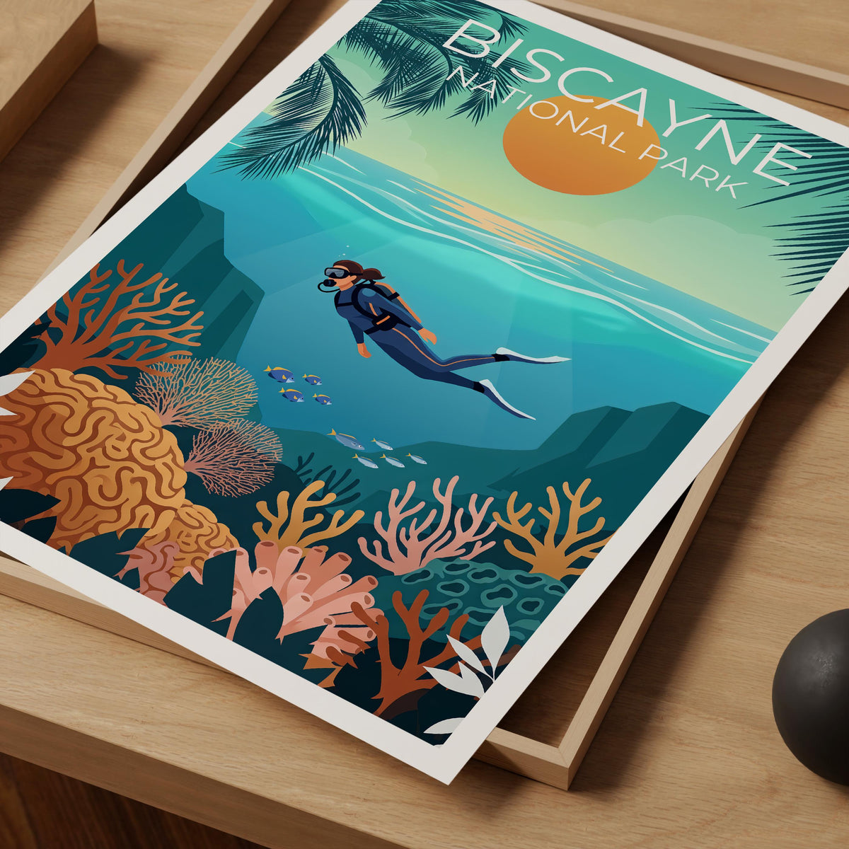 Biscayne National Park Print, Scuba Diver Reef Scene Art