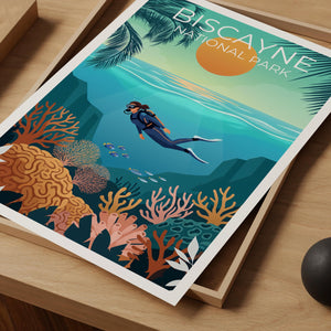 Biscayne National Park Print, Scuba Diver Reef Scene Art