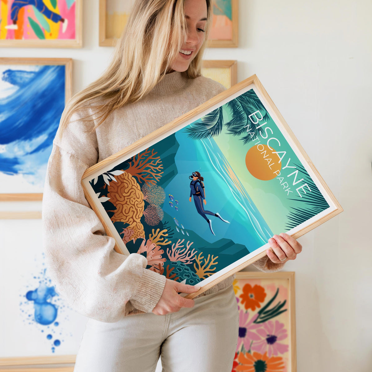 Biscayne National Park Print, Scuba Diver Reef Scene Art