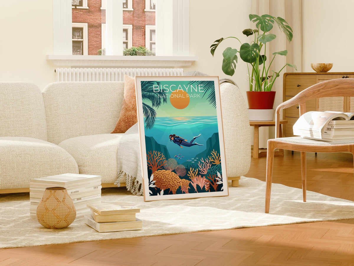 Biscayne National Park Print, Scuba Diver Reef Scene Art
