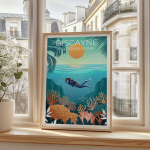 Biscayne National Park Print, Scuba Diver Reef Scene Art