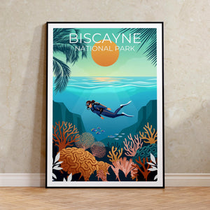 Biscayne National Park Print, Scuba Diver Reef Scene Art