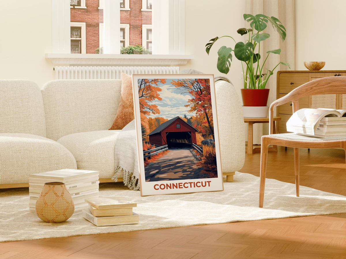 Connecticut Covered Bridge Print – Fall Foliage Art