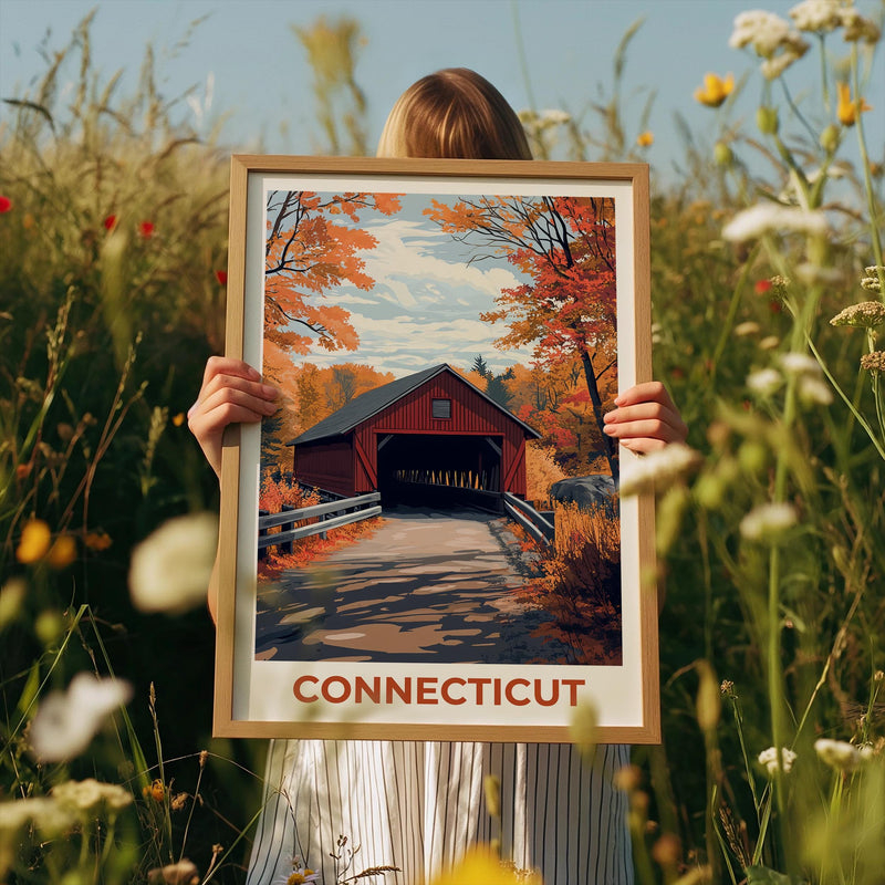 Connecticut Covered Bridge Print – Fall Foliage Art