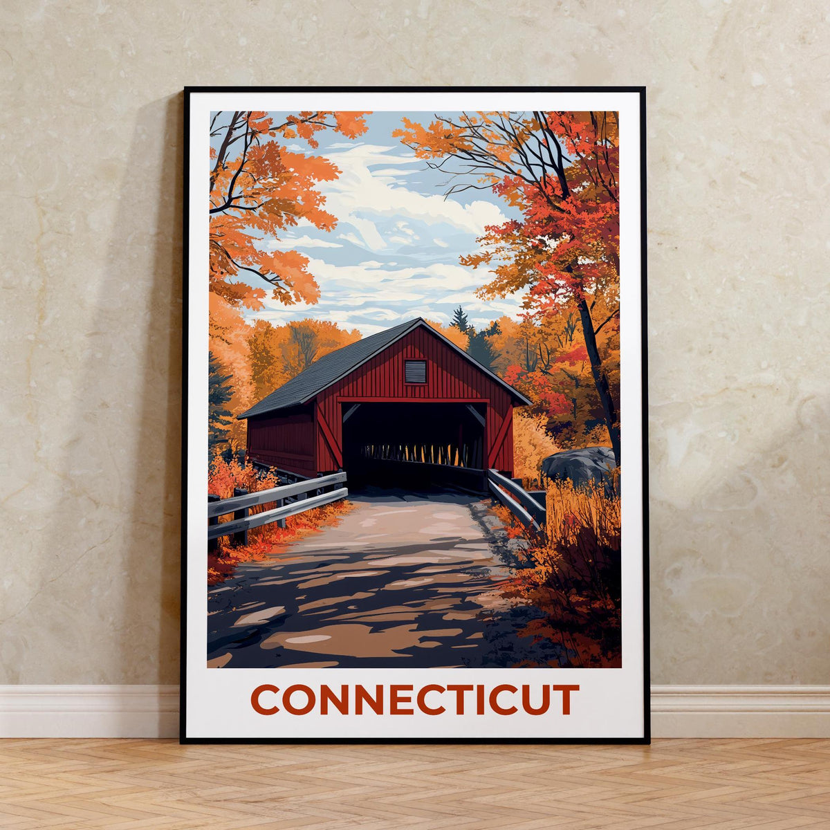 Connecticut Covered Bridge Print – Fall Foliage Art