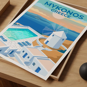 Mykonos Greece White Windmill & Pool Aegean Sea Poster Print