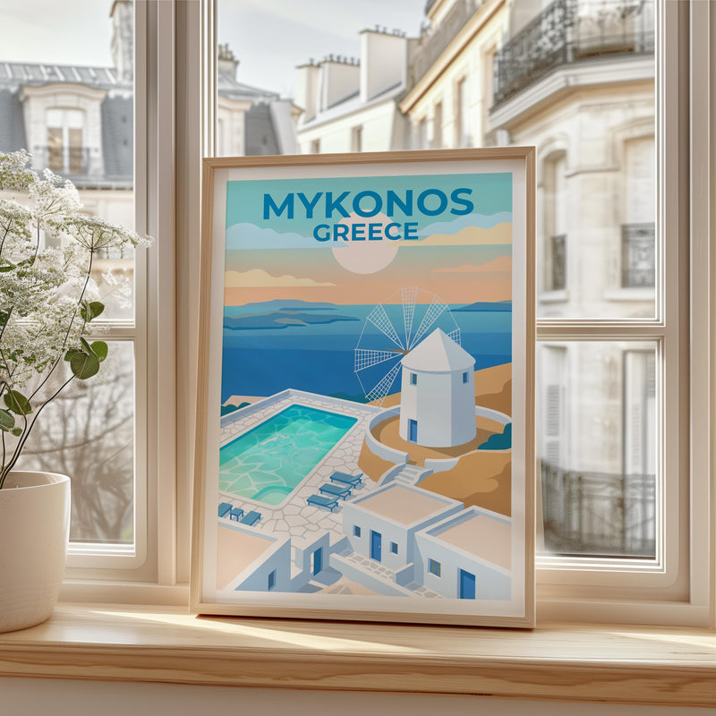 Mykonos Greece White Windmill & Pool Aegean Sea Poster Print