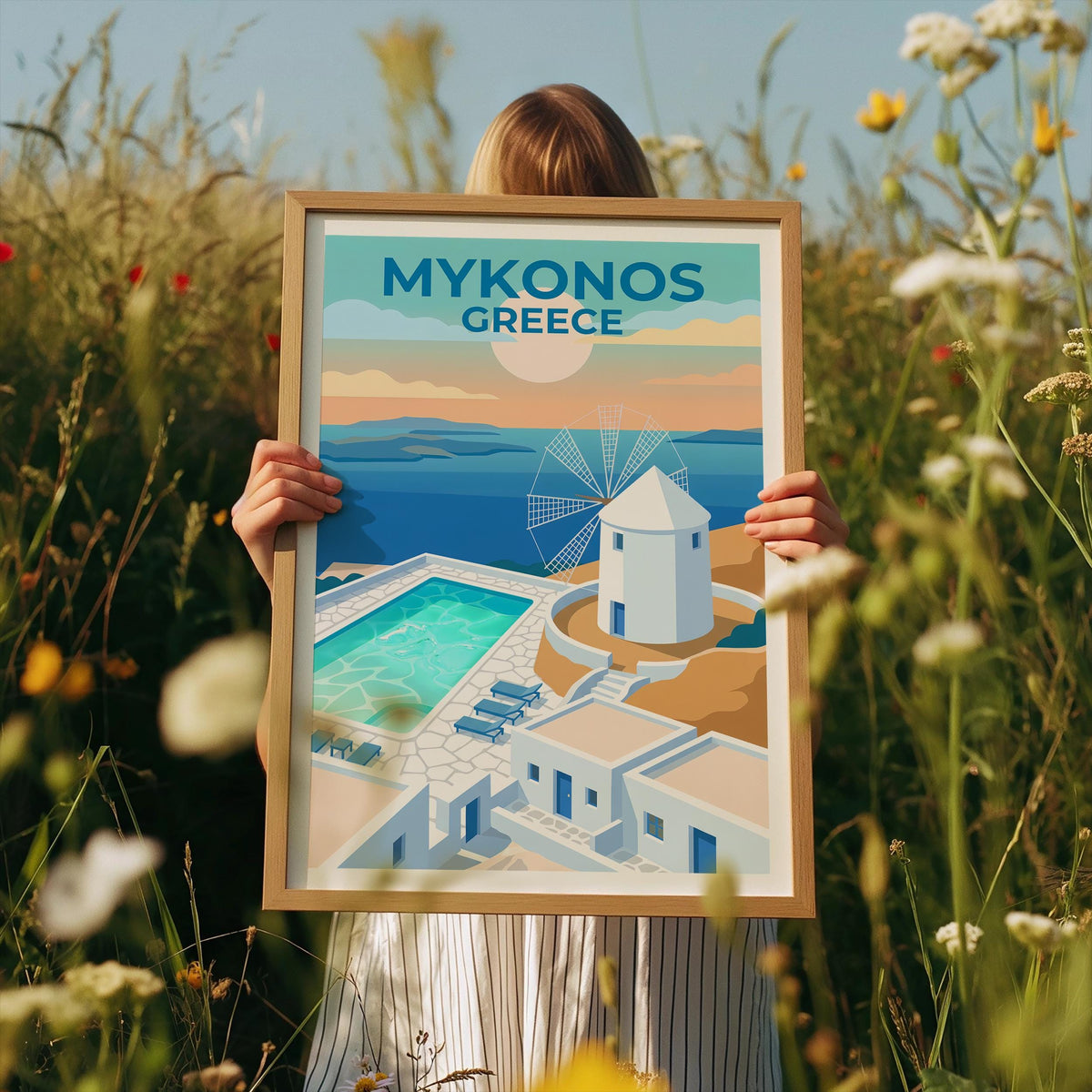 Mykonos Greece White Windmill & Pool Aegean Sea Poster Print