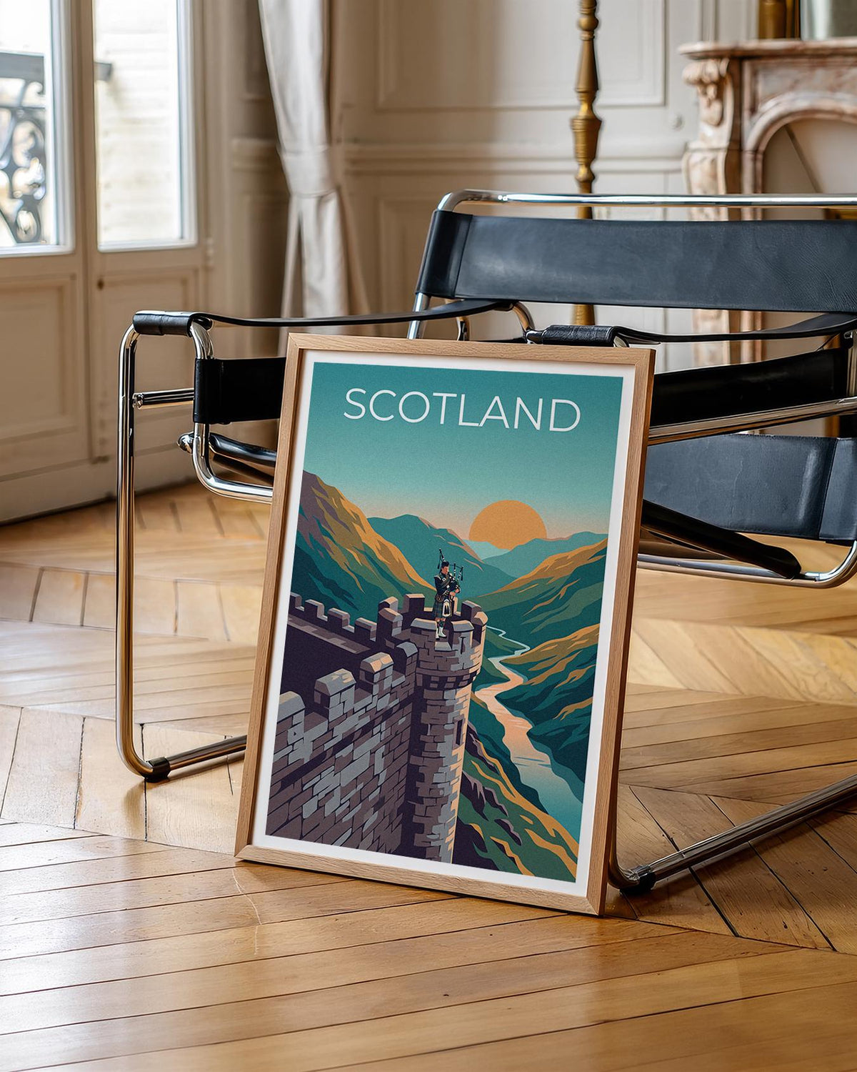Scotland Bagpiper Poster – Castle Highlands Sunset Art