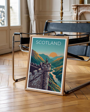 Scotland Bagpiper Poster – Castle Highlands Sunset Art