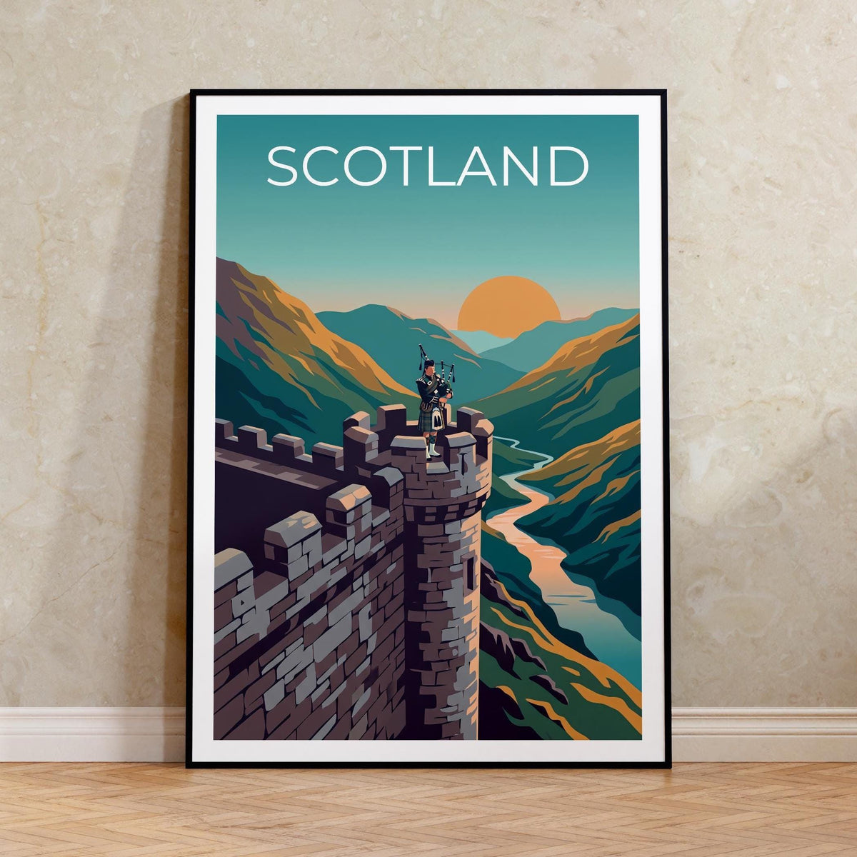 Scotland Bagpiper Poster – Castle Highlands Sunset Art