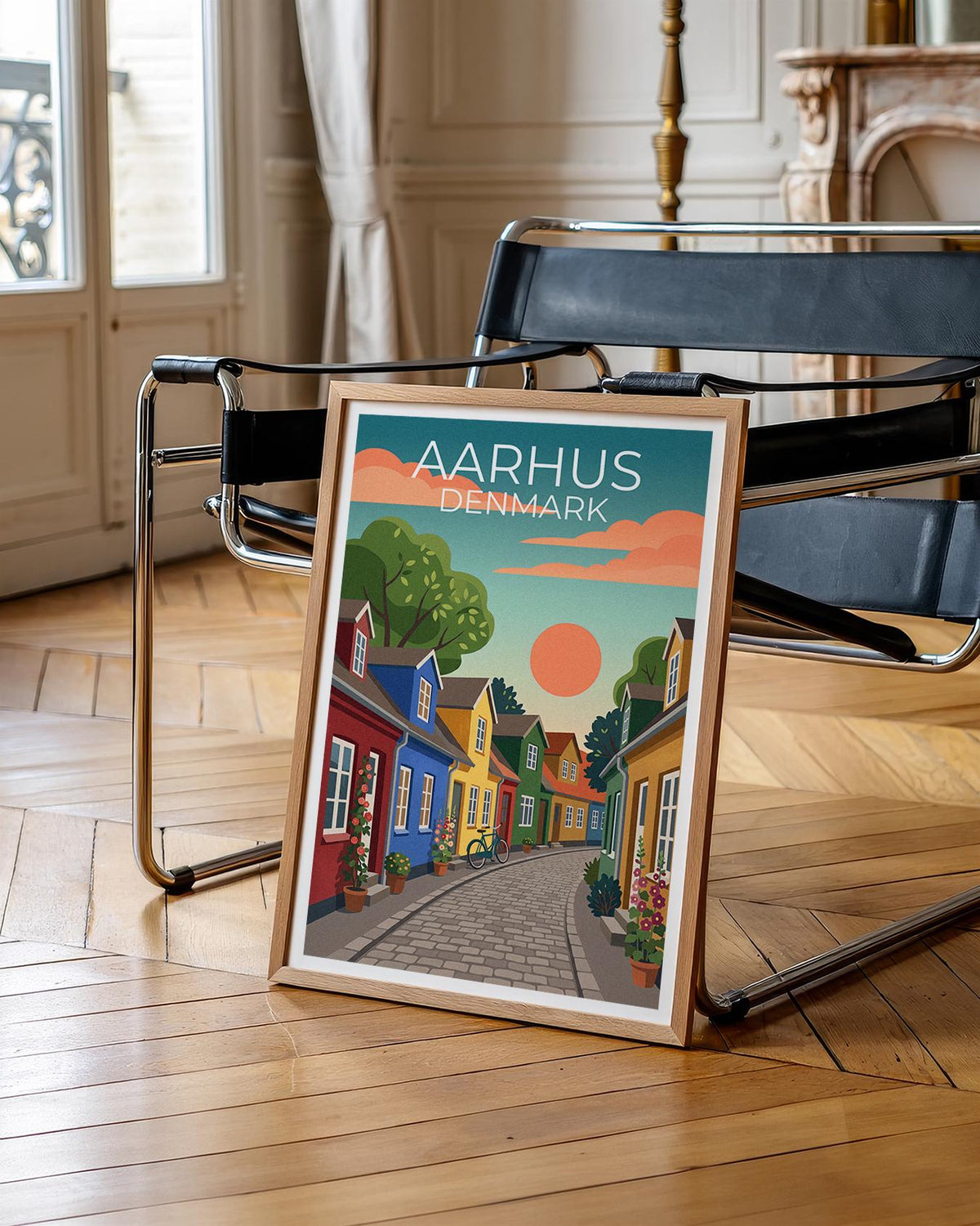 Aarhus Denmark Poster, Colorful Houses Cobblestone Print