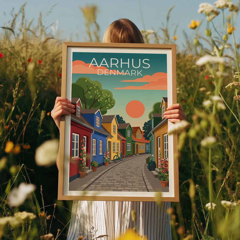 Aarhus Denmark Poster, Colorful Houses Cobblestone Print