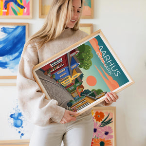 Aarhus Denmark Poster, Colorful Houses Cobblestone Print