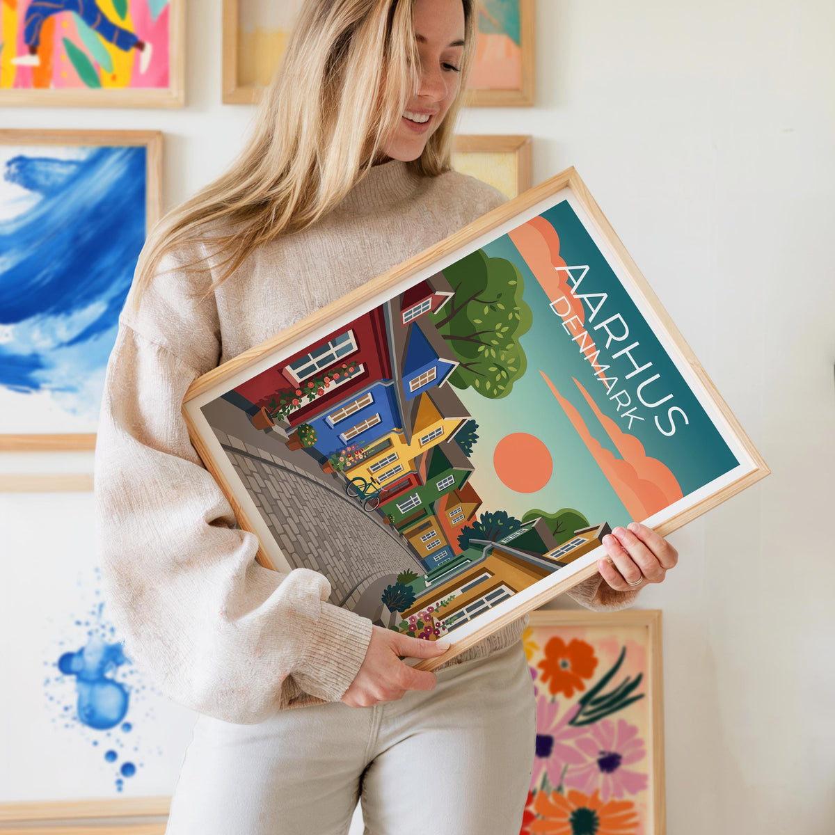 Aarhus Denmark Poster, Colorful Houses Cobblestone Print