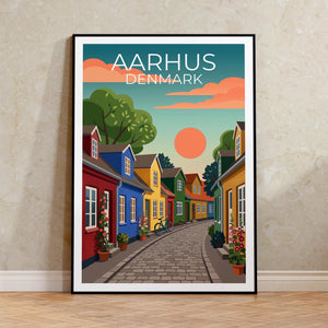 Aarhus Denmark Poster, Colorful Houses Cobblestone Print