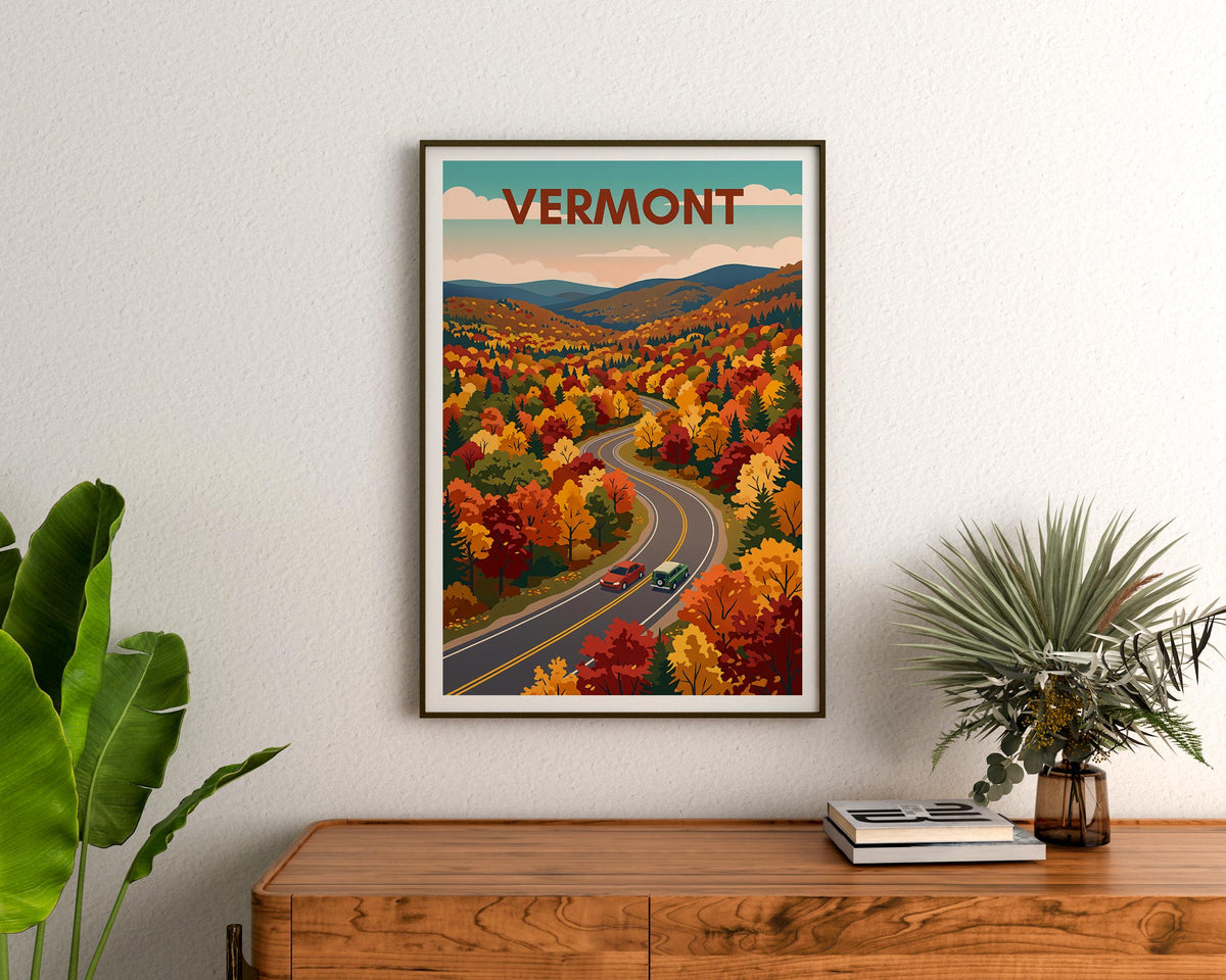 Vermont Fall Foliage Poster — Maple Forest Road Trip Print