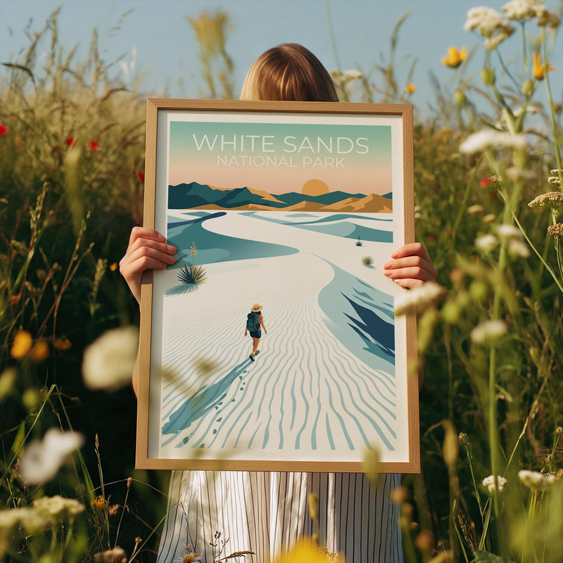 White Sands Poster, Dune Hiker & Yucca at Sunset