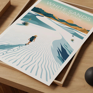 White Sands Poster, Dune Hiker & Yucca at Sunset