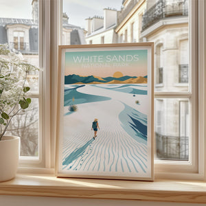 White Sands Poster, Dune Hiker & Yucca at Sunset