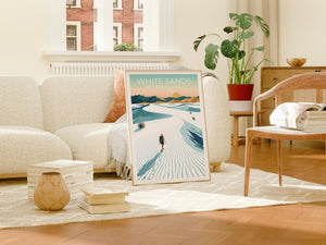 White Sands Poster, Dune Hiker & Yucca at Sunset