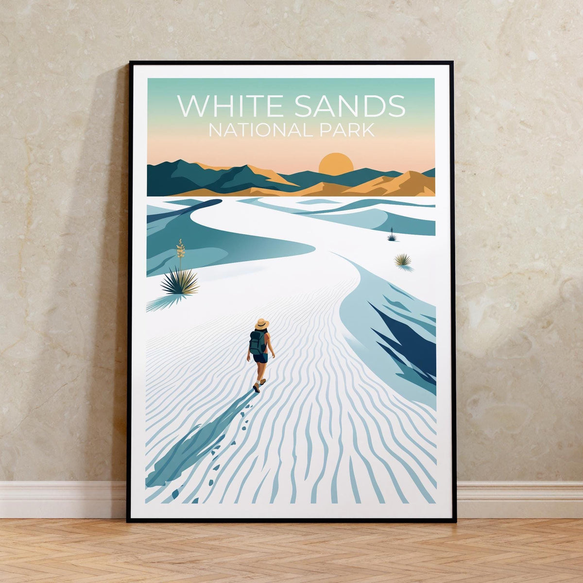 White Sands Poster, Dune Hiker & Yucca at Sunset