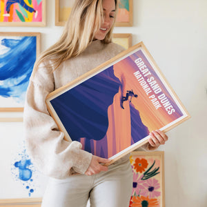 Great Sand Dunes Poster, Sandboarder at Sunset Print