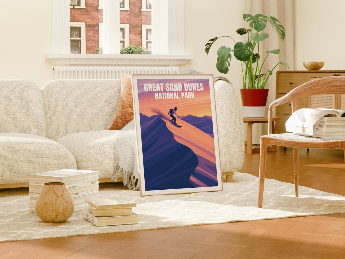 Great Sand Dunes Poster, Sandboarder at Sunset Print