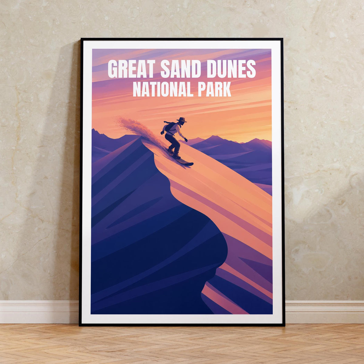 Great Sand Dunes Poster, Sandboarder at Sunset Print