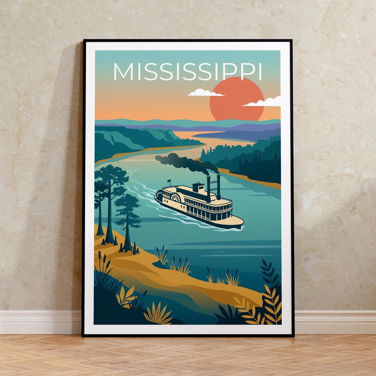 Mississippi River Poster - Paddlewheel Steamboat Print