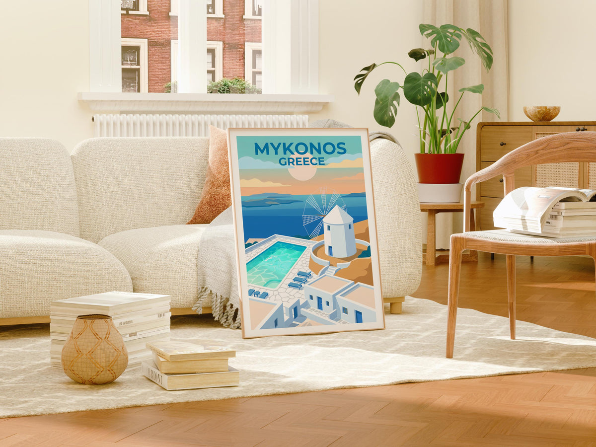 Mykonos Greece White Windmill & Pool Aegean Sea Poster Print