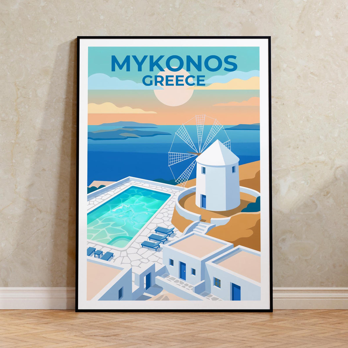 Mykonos Greece White Windmill & Pool Aegean Sea Poster Print