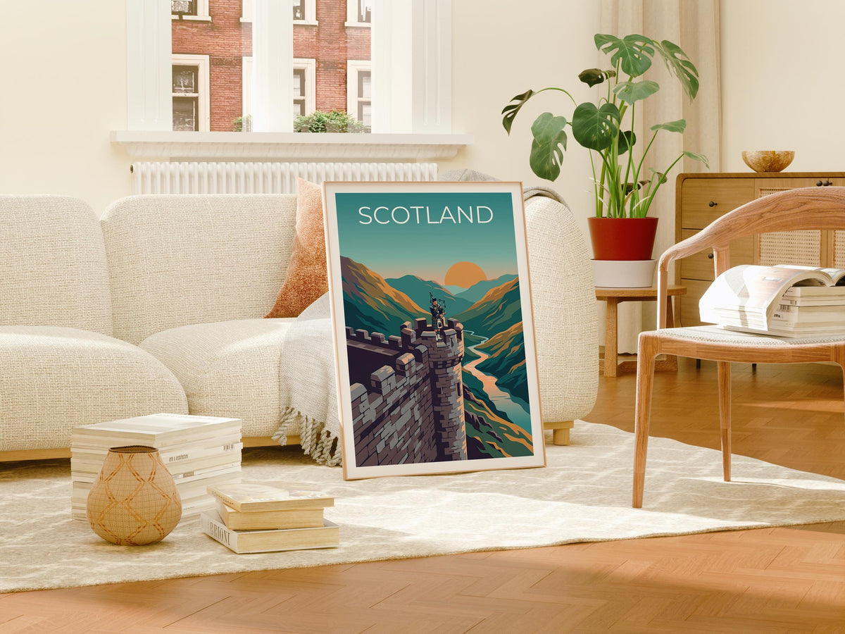 Scotland Bagpiper Poster – Castle Highlands Sunset Art