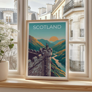 Scotland Bagpiper Poster – Castle Highlands Sunset Art