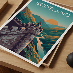 Scotland Bagpiper Poster – Castle Highlands Sunset Art