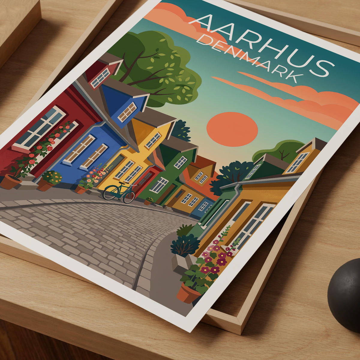 Aarhus Denmark Poster, Colorful Houses Cobblestone Print