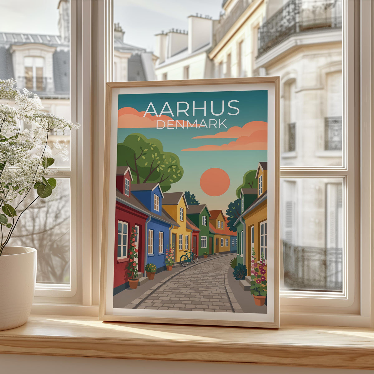 Aarhus Denmark Poster, Colorful Houses Cobblestone Print