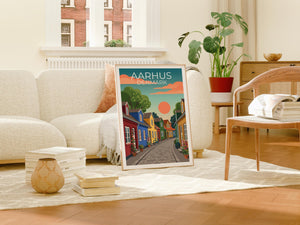 Aarhus Denmark Poster, Colorful Houses Cobblestone Print