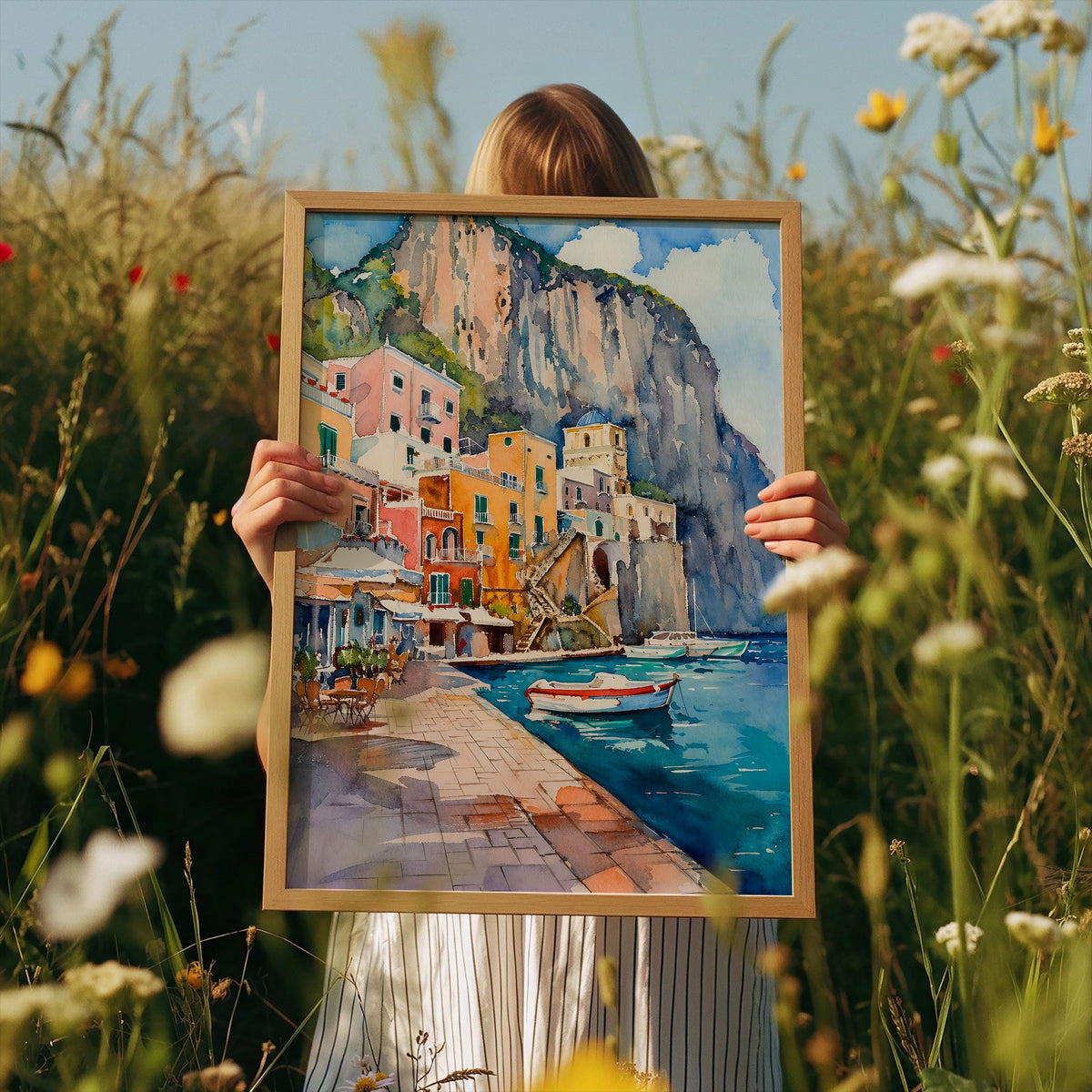 Capri Italy Watercolor Poster, Mediterranean Coastal Wall Art, Italian Travel Print