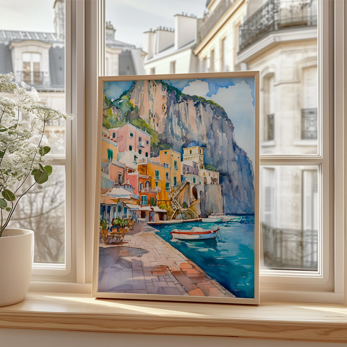 Capri Italy Watercolor Poster, Mediterranean Coastal Wall Art, Italian Travel Print