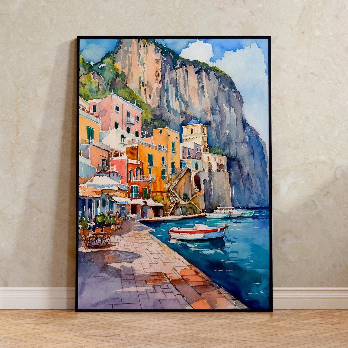 Capri Italy Watercolor Poster, Mediterranean Coastal Wall Art, Italian Travel Print