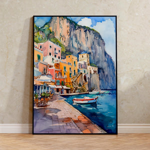 Capri Italy Watercolor Poster, Mediterranean Coastal Wall Art, Italian Travel Print