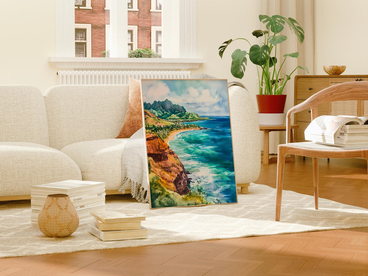 Kauai Hawaii Watercolor Poster, Tropical Island Wall Art, Beach House Decor