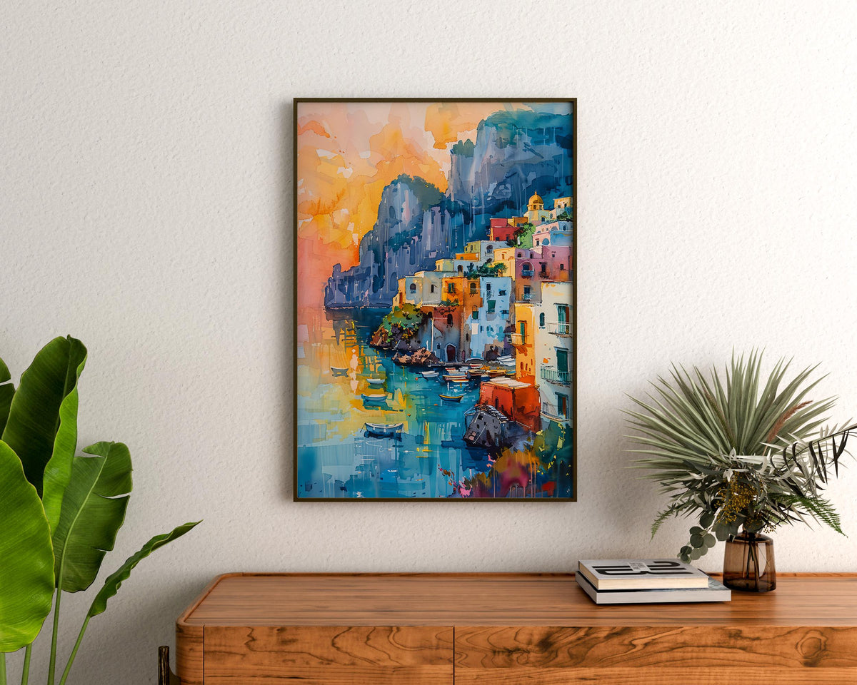 Watercolor Capri Italy Poster, Mediterranean Coastal Wall Art, Europe Travel Gift