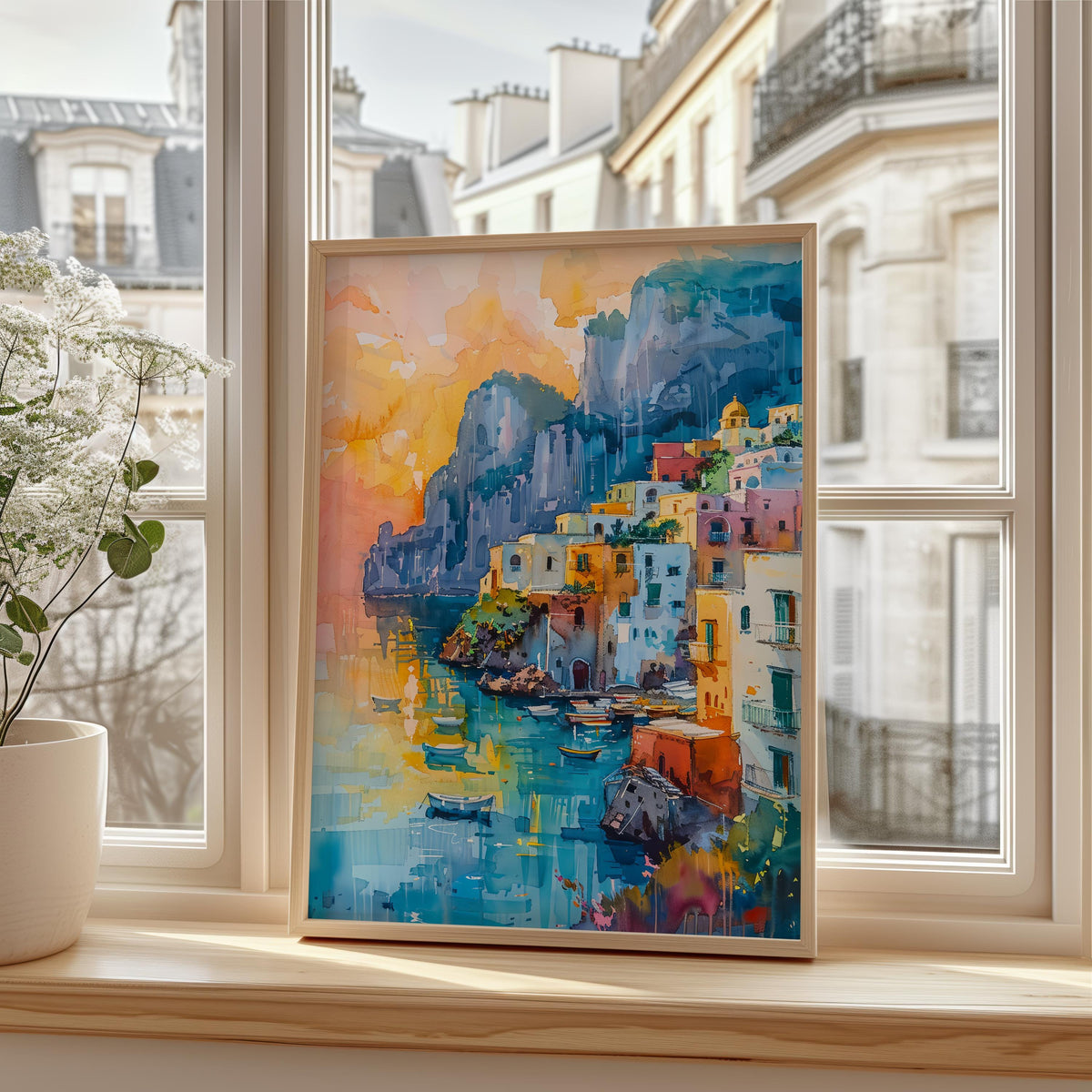 Watercolor Capri Italy Poster, Mediterranean Coastal Wall Art, Europe Travel Gift