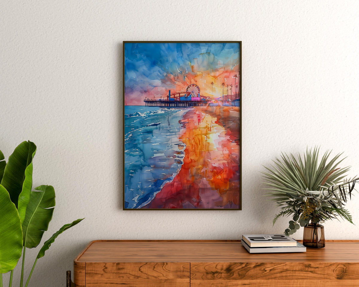 Santa Monica Watercolor Poster, Beach and Pier Wall Art, California Travel Print