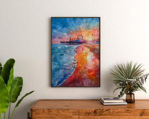 Santa Monica Watercolor Poster, Beach and Pier Wall Art, California Travel Print